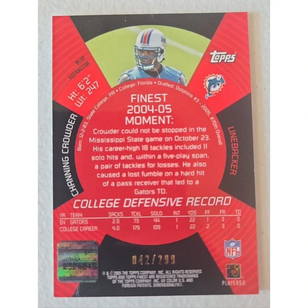 Channing Crowder‎ 2005 Topps Finest Rookie Auto Blue Refractor /299 Dolphins